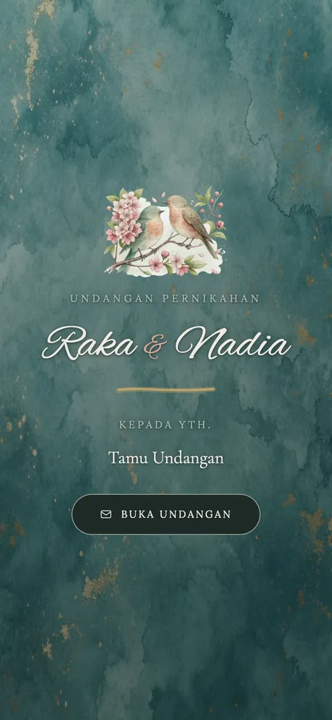 Opening screen of a watercolor teal wedding invitation template with two birds on blossoms, the couple's names, and an Open Invitation button.