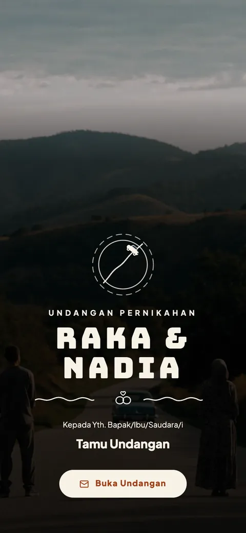 Opening screen of a dark wedding invitation template with a road and hills in the background, bold lettering for the couple's names, and an Open Invitation button.