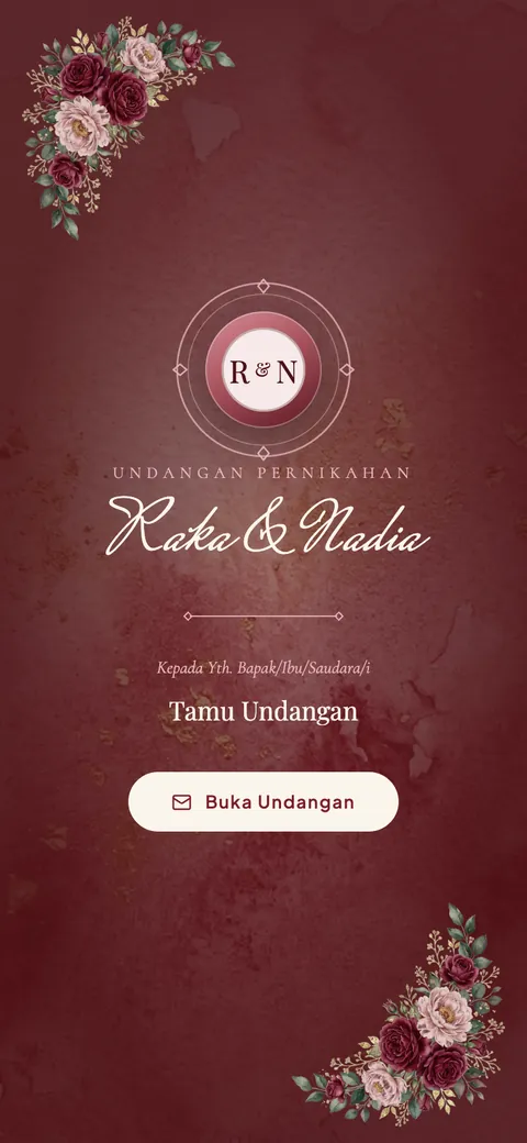 Opening screen of a deep red wedding invitation template with roses, a monogram, the couple's names, and an Open Invitation button.