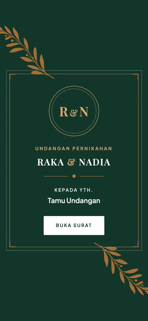 Opening screen of a dark green wedding invitation template with a gold monogram, olive branches, the couple's names, and a button to open the letter.