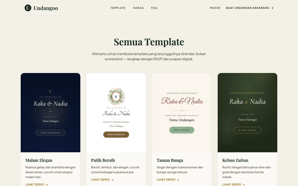Undangoo's template gallery page showing four of the twelve wedding invitation templates, each with a demo link.